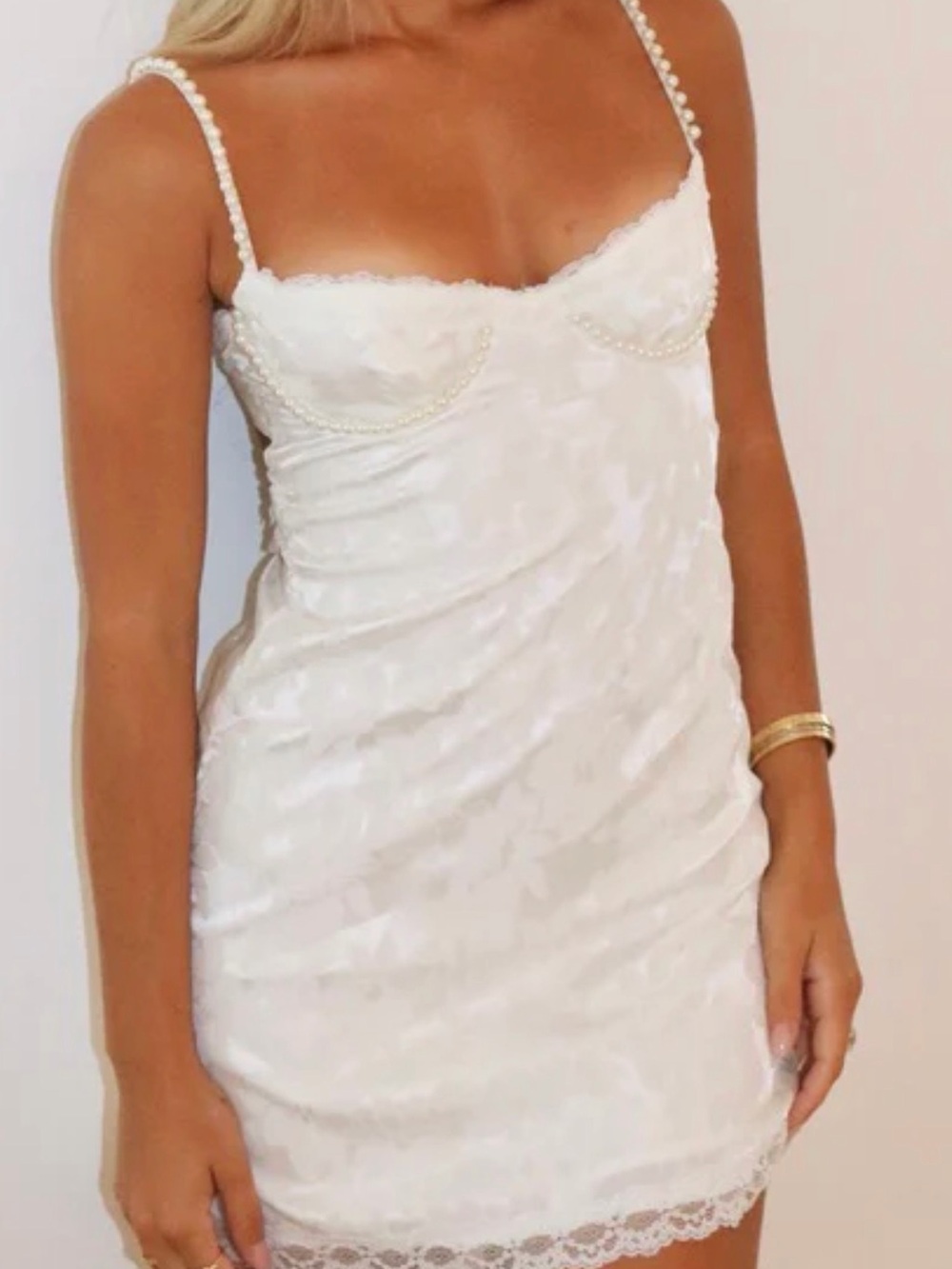 Pearl-Trim White Lace Slip Chemise